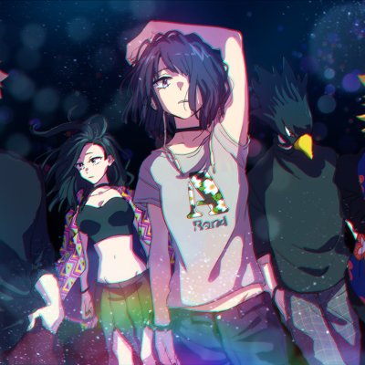 My Hero Academia anime avatar: Kyōka Jirō front with Denki Kaminari, Fumikage Tokoyami, Momo Yaoyorozu and Katsuki Bakugou in a moody neon-lit group pose.