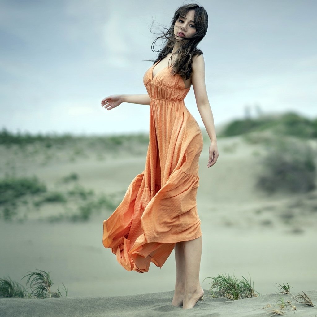 Download Orange Dress Depth Of Field Brunette Asian Model Woman PFP