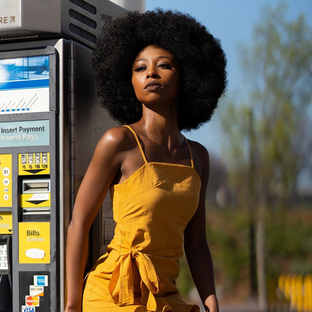Forum profile photo of a woman model with voluminous black hair wearing a tied yellow dress, posing outdoors beside a pay station.