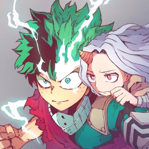 Anime avatar of Izuku Midoriya and Eri from My Hero Academia: Midoriya crackling with green lightning while Eri clings to his shoulder.
