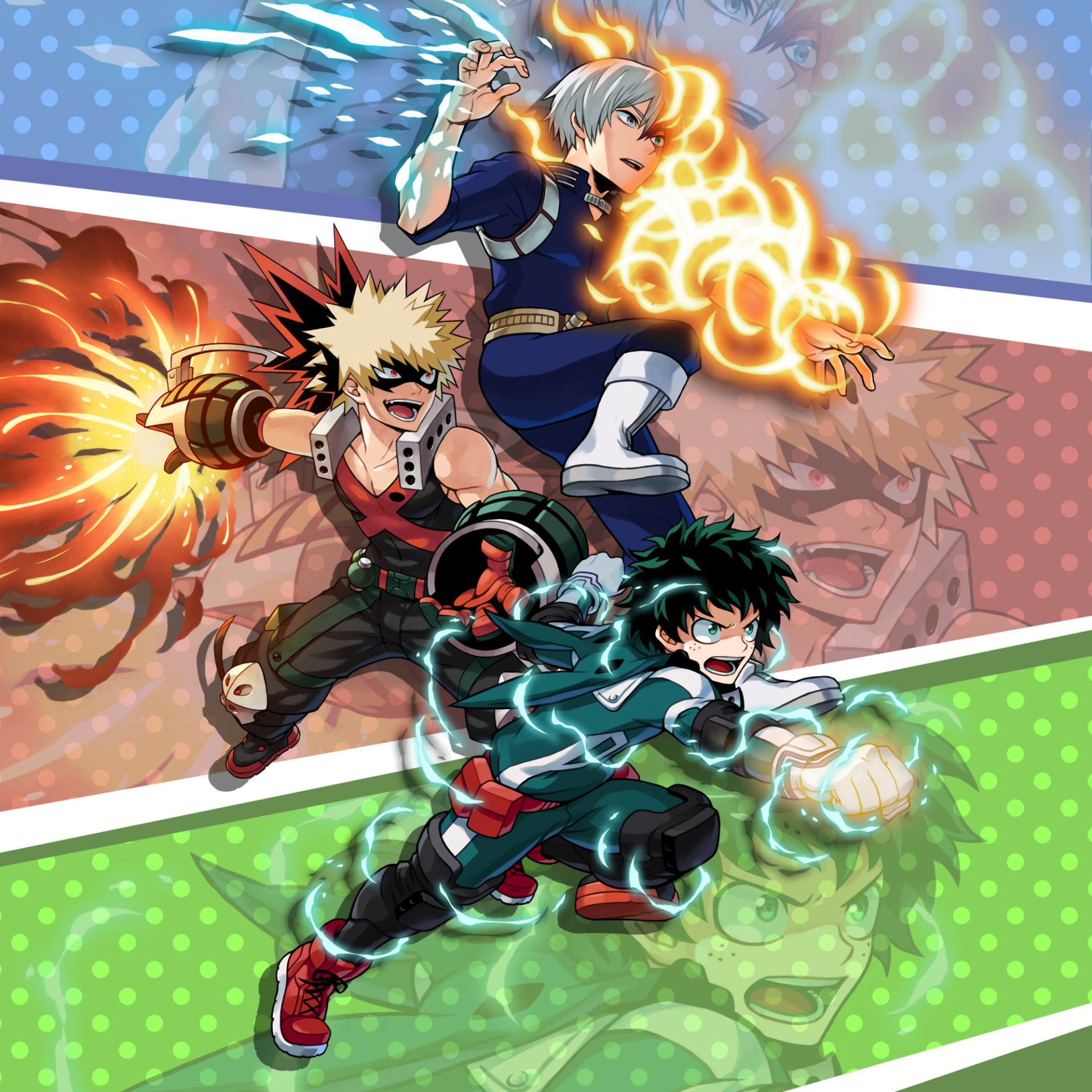Forum avatar featuring Shoto Todoroki, Katsuki Bakugou, and Izuku Midoriya from the anime My Hero Academia, showcasing their signature powers in dynamic action poses.