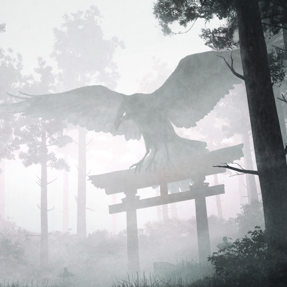 Giant fantasy crow at a Japanese temple in the woods by とも_ロウ
