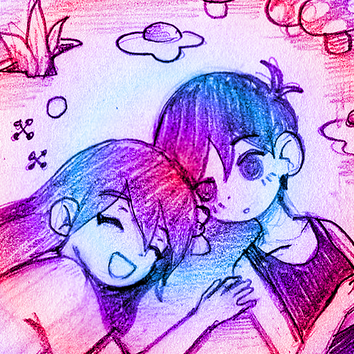 Forum avatar: pastel pink-blue sketch of Aubrey and Omori from the video game OMORI, lying close and smiling in a cozy, hand-drawn profile photo.