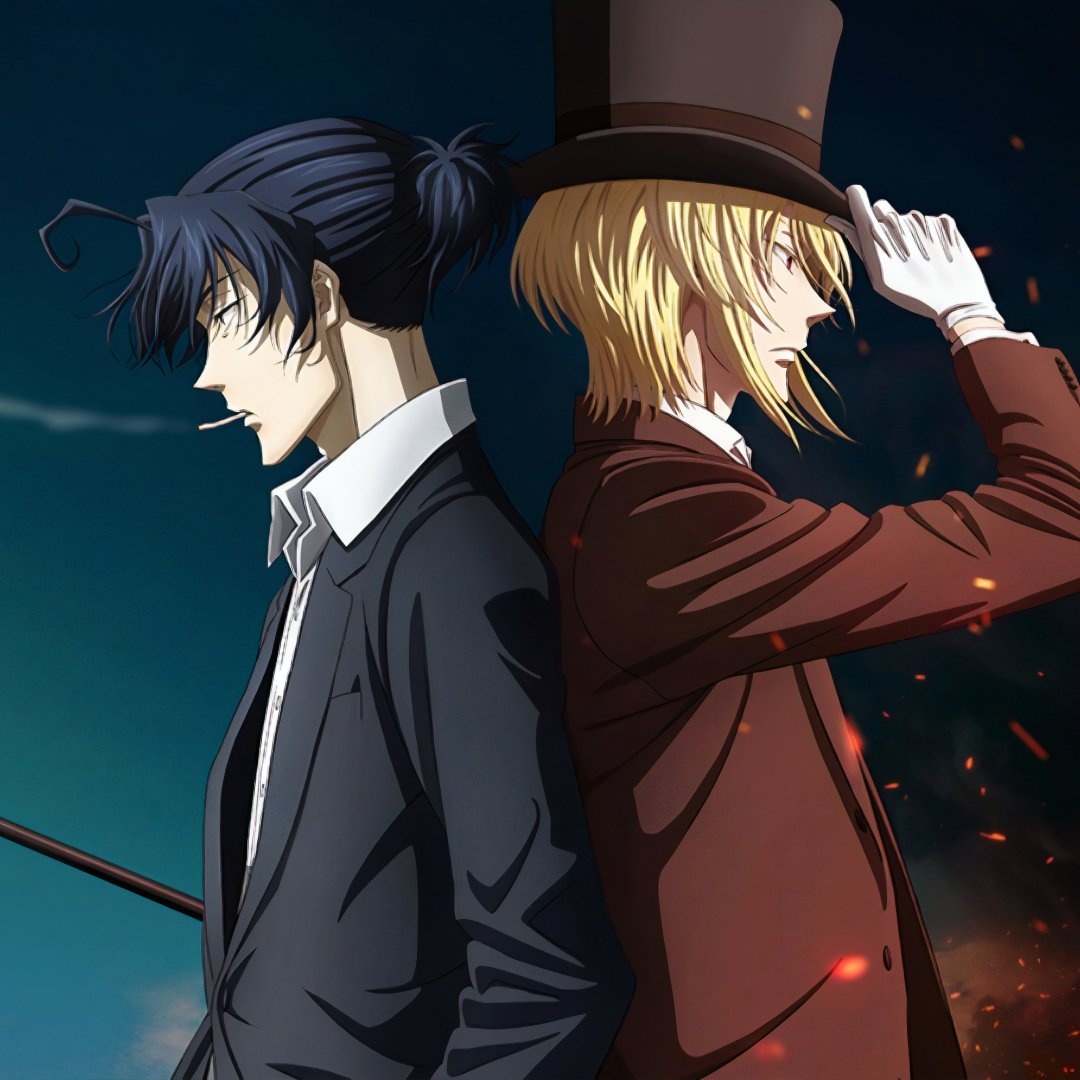Anime forum avatar/pfp showing Sherlock Holmes and Louis James Moriarty back-to-back from Yuukoku no Moriarty (Moriarty the Patriot), dark sky behind Holmes and sparks around Moriarty.