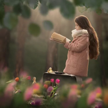 depth of field long hair brunette child chick suitcase book tulip photography PFP
