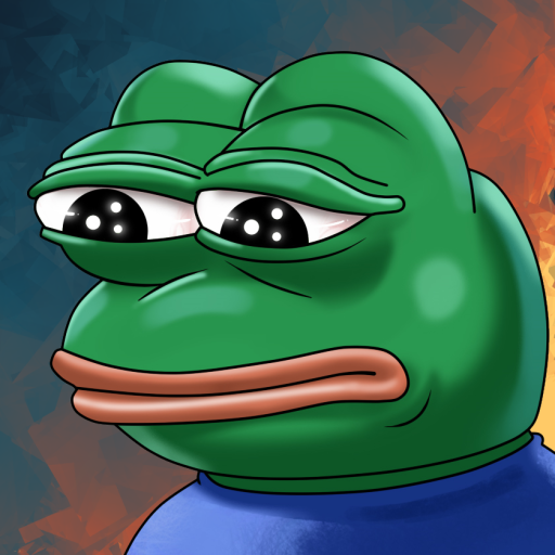 A humorous forum avatar featuring a sad-looking green frog with big, glossy eyes against a textured blue and orange background.