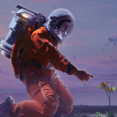 Astronaut touching a yellow flower on an alien planet by Mike Winkelmann