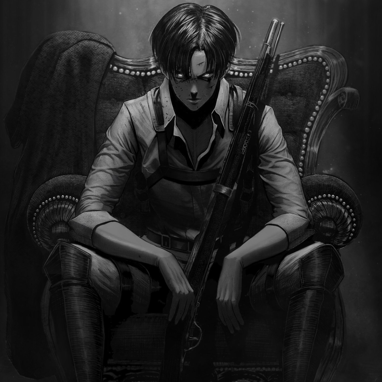 Monochrome anime portrait of Levi Ackerman (Attack on Titan) seated with a rifle, brooding aura — forum avatar/pfp for aura farming.