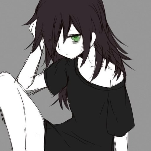 Forum avatar of Tomoko Kuroki (Watamote): slouched, messy dark hair, green eyes, oversized black shirt on a gray background.