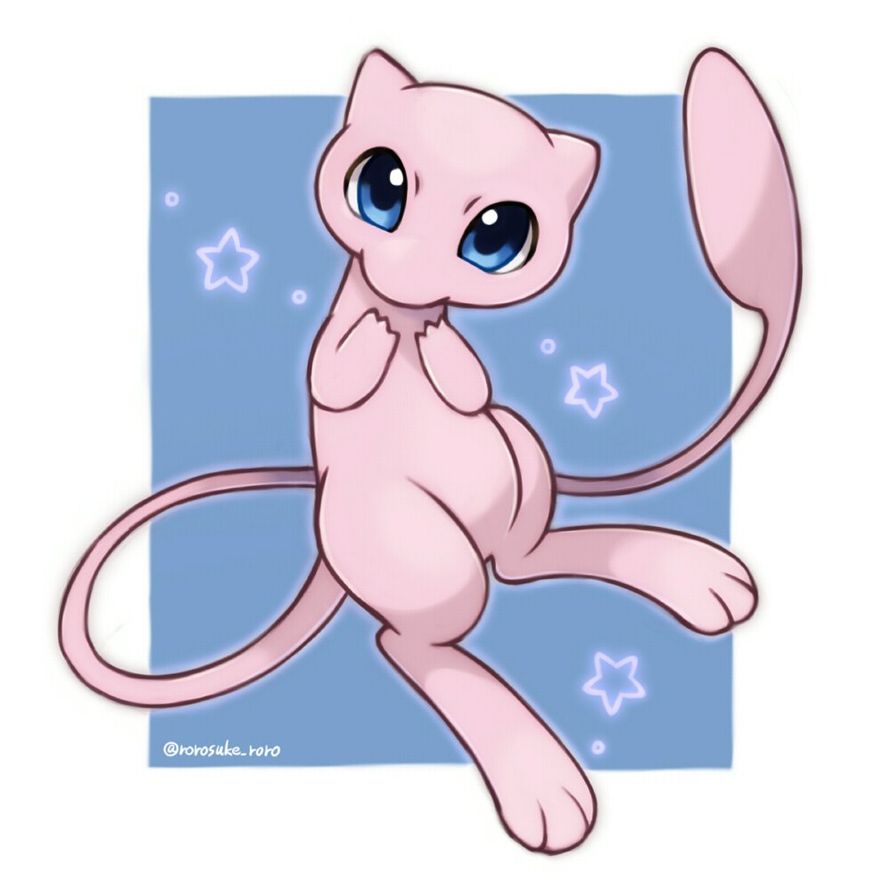 Pink Mew (Pokémon) from the video games, floating with big blue eyes and a curled tail against a blue square background with star sparkles — stylized forum avatar/pfp.