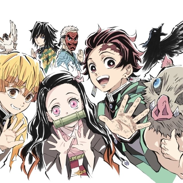 Forum avatar/pfp of Demon Slayer: Kimetsu no Yaiba — Tanjiro, Nezuko, Zenitsu, Inosuke, Giyuu Tomioka and Sakonji Urokodaki smiling and posing together.