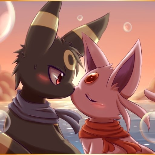 Forum avatar-style anime Pokémon pfp: Umbreon and Espeon (Eeveelutions) share a tender kiss at sunset, scarves fluttering over a soft ocean background.