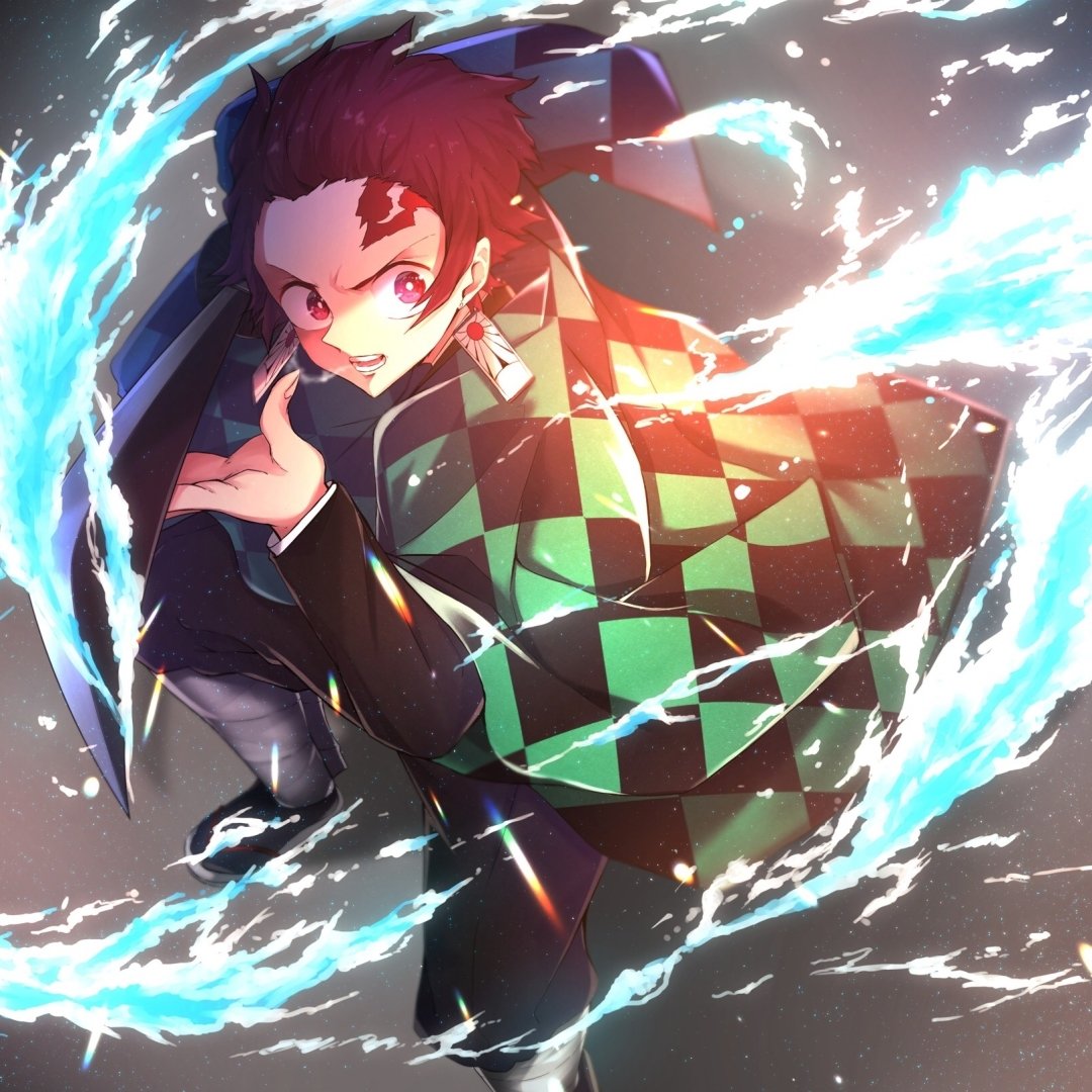 Forum avatar of Tanjiro Kamado (anime, Demon Slayer: Kimetsu no Yaiba) — dynamic pose in his checkered haori with swirling water-breathing effects.