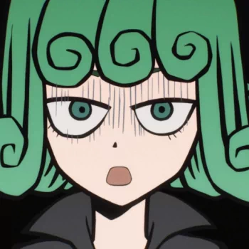 Close-up anime avatar of Tatsumaki from One-Punch Man with distinct green curled hair and teal eyes, showing a serious expression against a dark background.