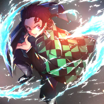 Forum avatar of Tanjiro Kamado (anime, Demon Slayer: Kimetsu no Yaiba) — dynamic pose in his checkered haori with swirling water-breathing effects.