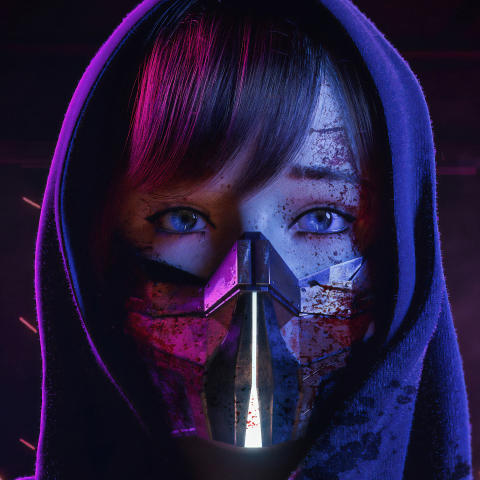 Hooded woman wearing a bloodied, metal mask by JONATAS FERREIRA