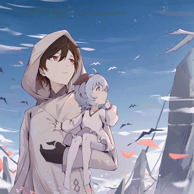 Forum avatar showing Zhongli cradling a childlike Ganyu against a windswept mountain sky — stylized Genshin Impact video game portrait.