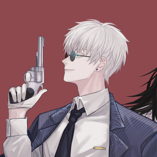Anime-style forum avatar of Satoru Gojo from Jujutsu Kaisen, featuring him in a suit with white hair, sunglasses, and holding a revolver against a muted red background.