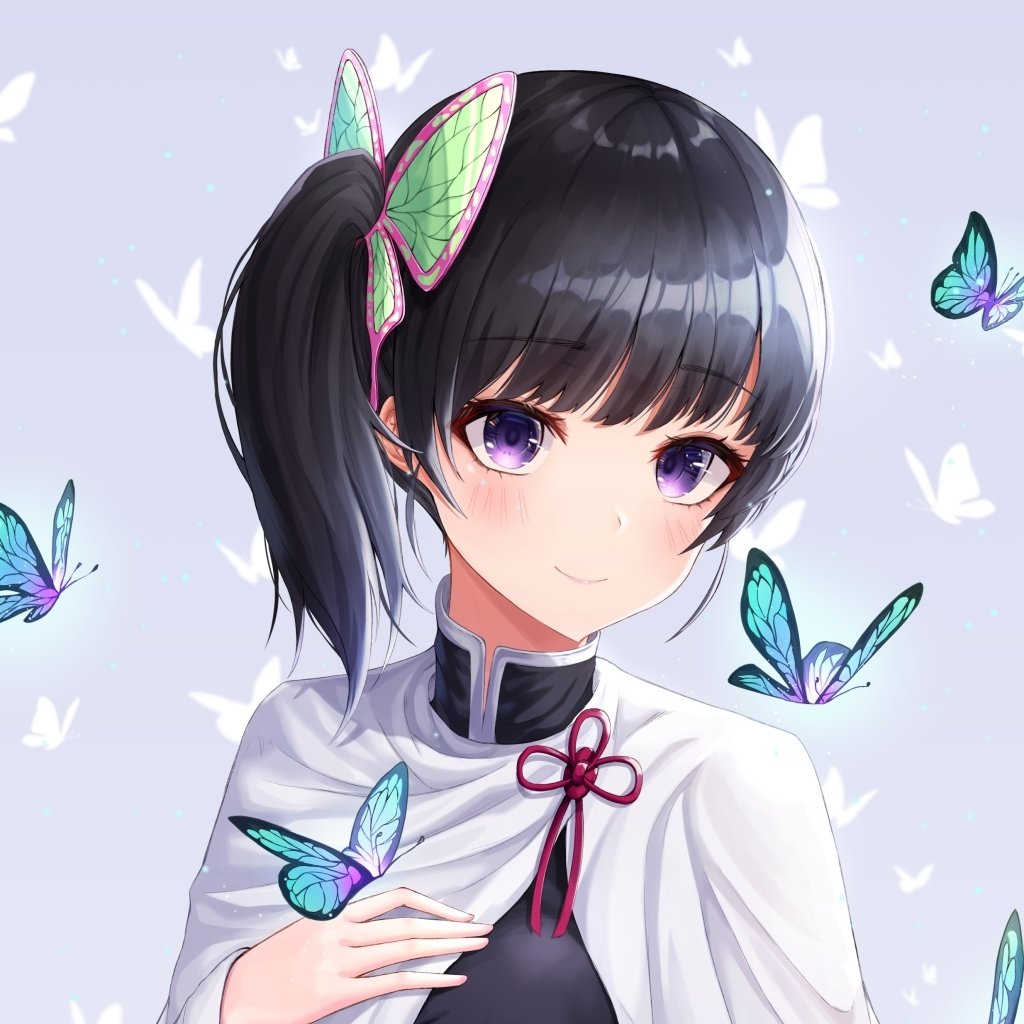 Forum avatar of Kanao Tsuyuri (Demon Slayer: Kimetsu no Yaiba) — anime-style pfp: dark-haired girl with purple eyes, white cape and fluttering butterflies.