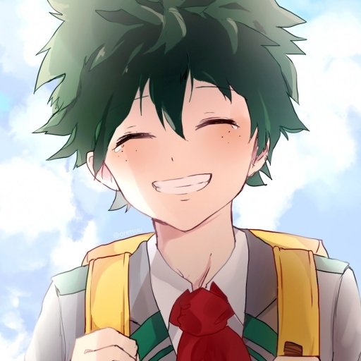 Smiling Izuku Midoriya with tousled green hair and freckles, in school uniform and backpack — bright My Hero Academia anime forum avatar/profile picture.