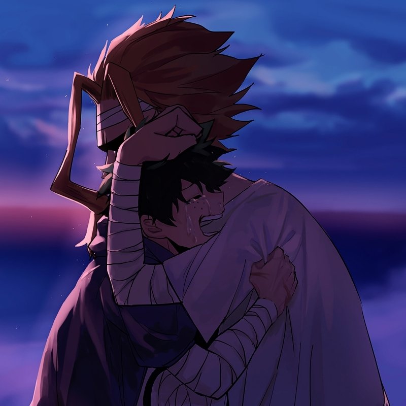 Izuku Midoriya and All Might (Toshinori Yagi) share an emotional embrace at sunset, captured in an anime-style profile image from My Hero Academia.