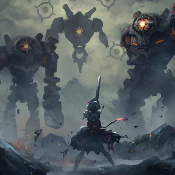 Forum avatar: Noelle (Genshin Impact) stands with sword facing three towering ruin guards amid a misty, ash-scattered battlefield.