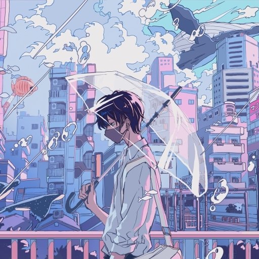 Anime boy holding a transparent umbrella, standing against a cityscape backdrop with pastel-colored buildings and a cloudy sky, depicted in a soft, detailed anime style.