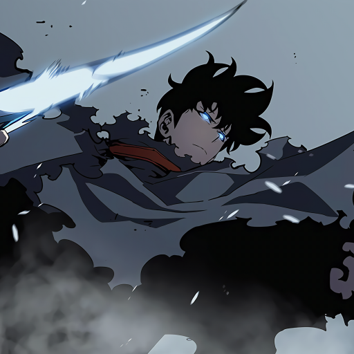 Avatar of Sung Jin-Woo (Solo Leveling): dark-haired anime figure with glowing blue eyes, tattered black cloak and a radiant sword slash cutting through a smoky, stormy background.