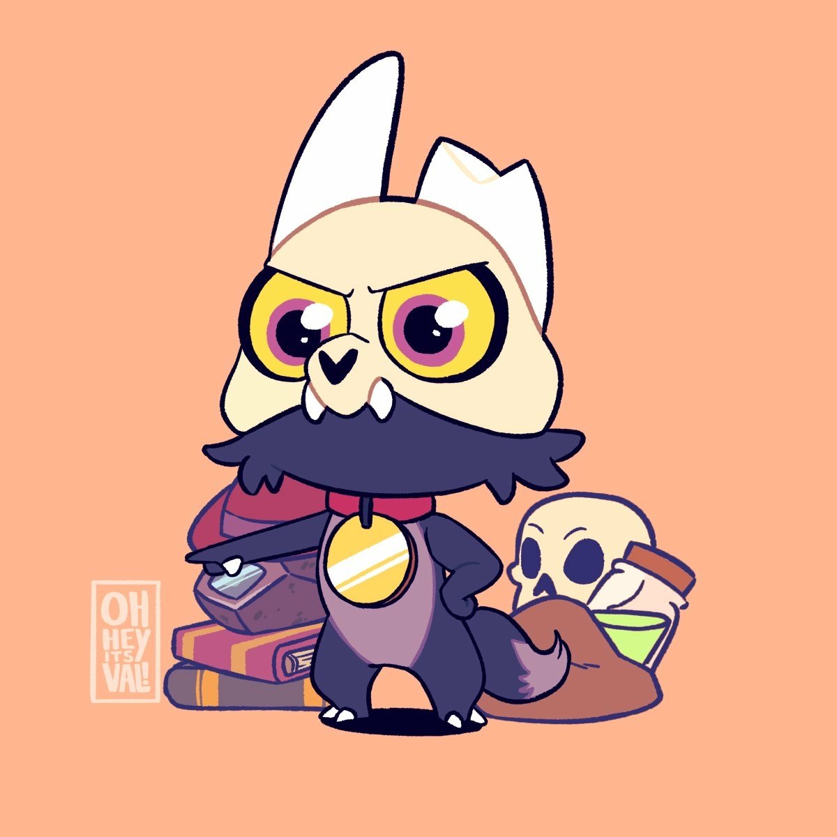 King Clawthorne (The Owl House) forum avatar/pfp: chibi king with cape and medallion, standing by books, skull, and potion on a peach background.