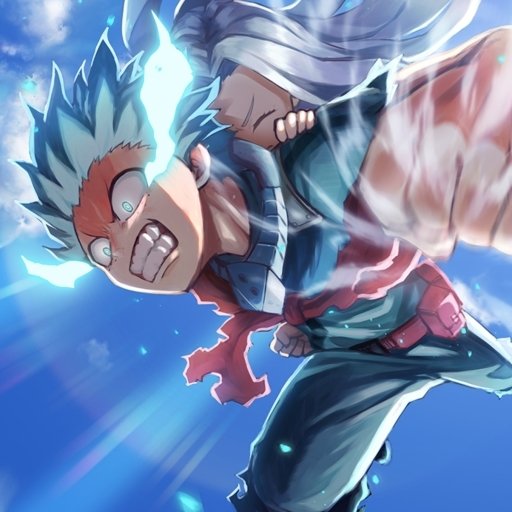 Forum avatar of Izuku Midoriya and Eri from My Hero Academia — Midoriya lunges forward crackling with green electricity as Eri clings to his back, vivid anime profile image.