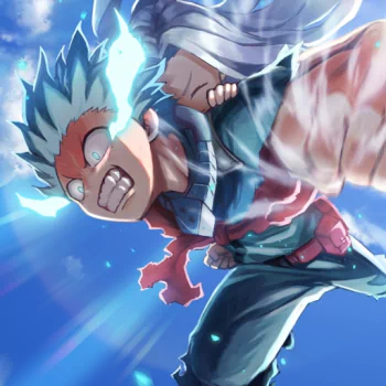Forum avatar of Izuku Midoriya and Eri from My Hero Academia — Midoriya lunges forward crackling with green electricity as Eri clings to his back, vivid anime profile image.