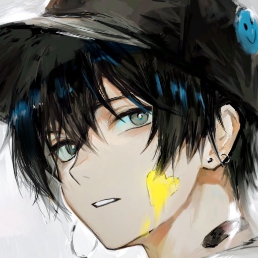 Anime-style portrait of a boy with black hair and blue eyes, wearing a black cap and earrings, featuring a yellow paint mark on his cheek.