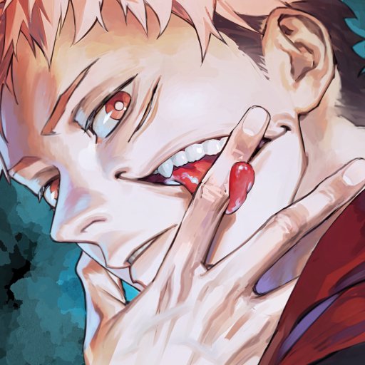 Forum avatar of Yuji Itadori from Jujutsu Kaisen: close-up anime portrait, pink hair and red eyes, sly grin with tongue visible between his fingers.