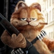 Movie Garfield with a cigar and shotgun, bandolier across his chest and a smug expression — stylized forum avatar/profile photo.