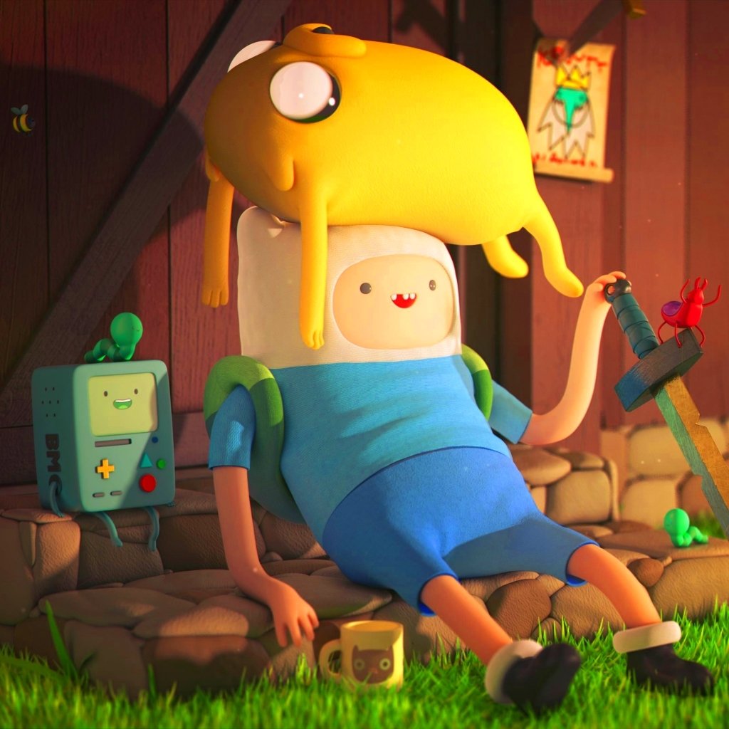 Forum avatar/profile photo from TV show Adventure Time: Finn lounging on grass with Jake draped over his head, BMO and colorful toys scattered in the background.