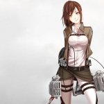 Anime-style Attack on Titan forum avatar: female Survey Corps soldier in brown jacket, harness and vertical maneuvering gear, standing against a light, minimal background.