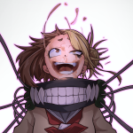 Forum avatar/pfp/profile photo of Himiko Toga (My Hero Academia): anime close-up with a wild grin, one eye shut, blood specks, and dark tendrils encircling her.