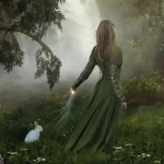 Fantasy-themed forum avatar of a woman in a flowing green dress standing in a misty forest, reaching out toward a glowing, mystical light near the ground.