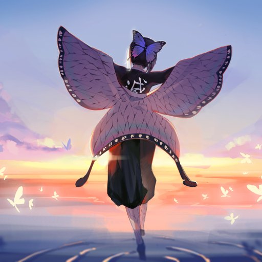Forum avatar of Shinobu Kochou (Demon Slayer): anime-style back view, butterfly-pattern haori spread like wings, walking toward a pastel sunrise with glowing butterflies.