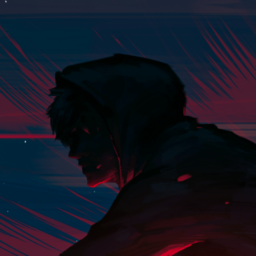 Anime-style profile avatar of a boy wearing a dark hood, set against a moody, red and blue background with dynamic lines.