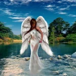 Forum avatar/pfp — fantasy angel: an ethereal winged woman in a flowing white gown standing on water before a tranquil lake and trees under a bright blue sky.