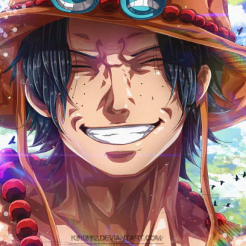 Forum avatar/profile photo: Portgas D. Ace (One Piece) anime portrait, grinning with freckles, signature orange hat and red bead necklace.