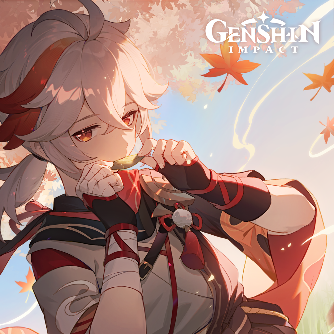 Avatar of Kaedehara Kazuha (Genshin Impact): soft autumn-lit portrait with falling maple leaves as he nibbles a snack.