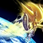 Forum avatar showing Super Sonic (Sonic the Hedgehog video game): golden and glowing, airborne and racing above Earth with a blazing energy trail.