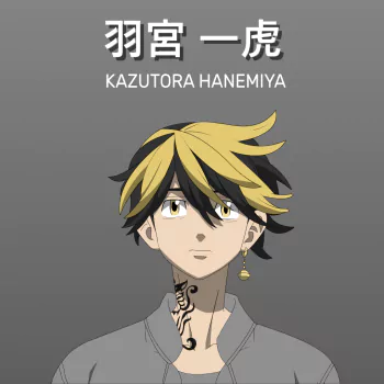 Forum avatar/pfp of Kazutora Hanemiya from Tokyo Revengers — anime portrait with black-and-yellow hair, earring, and swirling neck tattoo on a gray background.