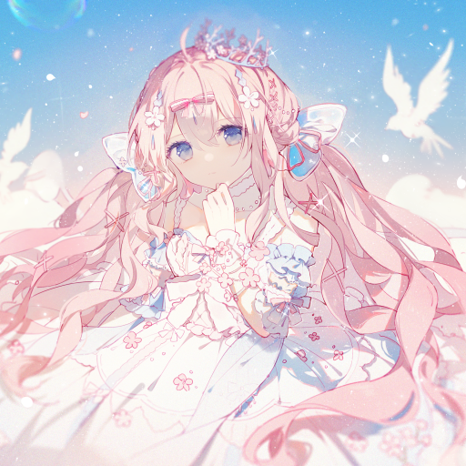 Anime girl with long pink hair, frilly white dress and tiny crown against a pastel sky — cute forum avatar / pfp / profile photo.