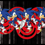 Forum avatar featuring multiple Sonic the Hedgehog figures in running poses over red concentric rings against a black textured background