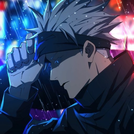 Profile avatar of white‑haired Satoru Gojo from Jujutsu Kaisen, blindfolded in neon‑lit rain, anime side profile.
