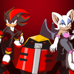 Forum avatar of Sonic the Hedgehog video game characters Shadow, Rouge and E-123 Omega against a red background.