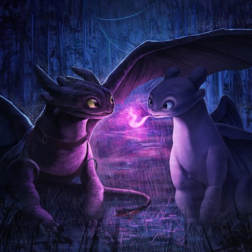 Forum avatar of Toothless and a Light Fury from How to Train Your Dragon: The Hidden World, two dragons sharing a glowing purple wisp in a moonlit forest.